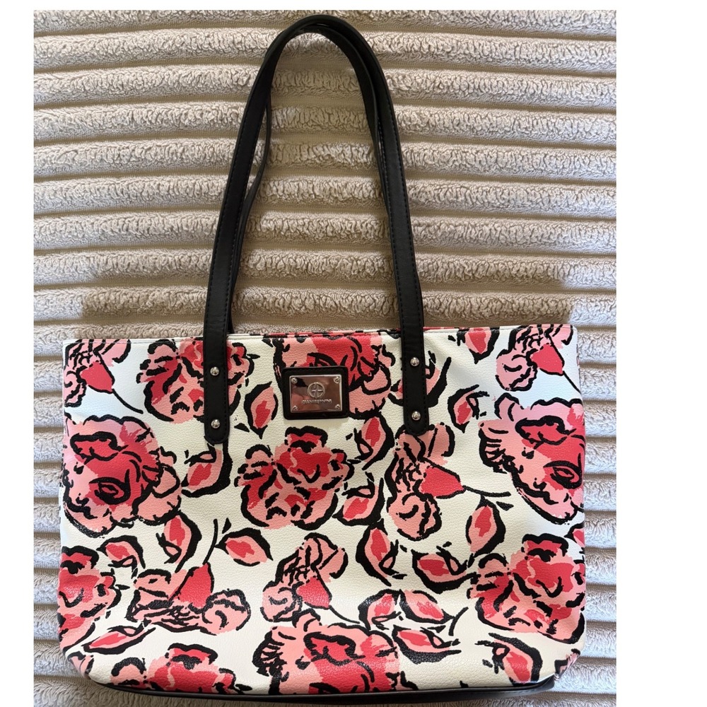 Giani Bernini Floral Rose Print Tote‎ Bag Pink White Black Faux Leather Large